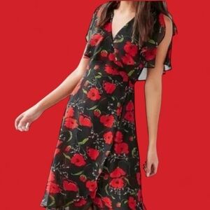 Kimchi Women’s Size Small Floral Black and Red Sheer Wrap Flutter Sleeve Dress